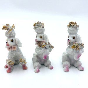 Vintage Poodle Ceramic Porcelain Figurine Dog Retro Japan White Trio-Set of 3